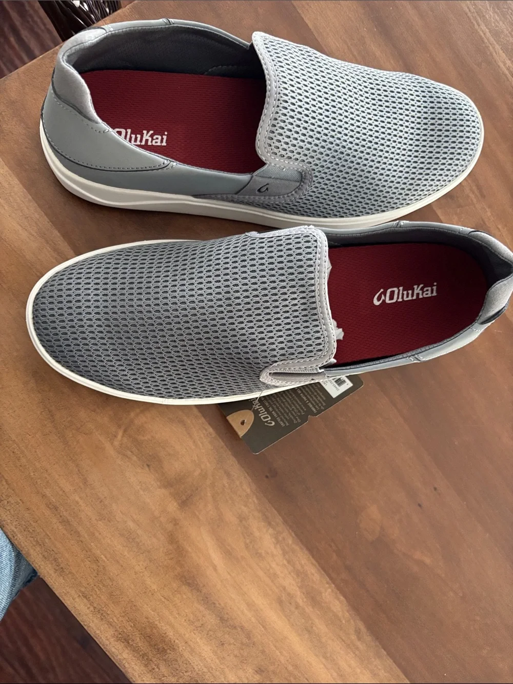 Brand new OluKai Men's Gray Mesh Slip-On Sneakers with White Sole